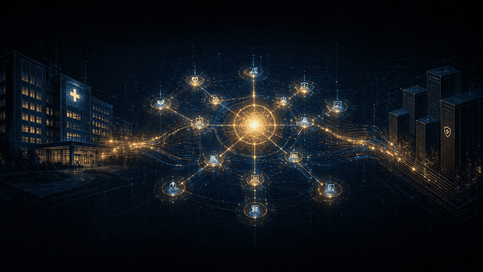 A network of connected services glowing between a hospital and its payers — the architecture that works while everyone sleeps