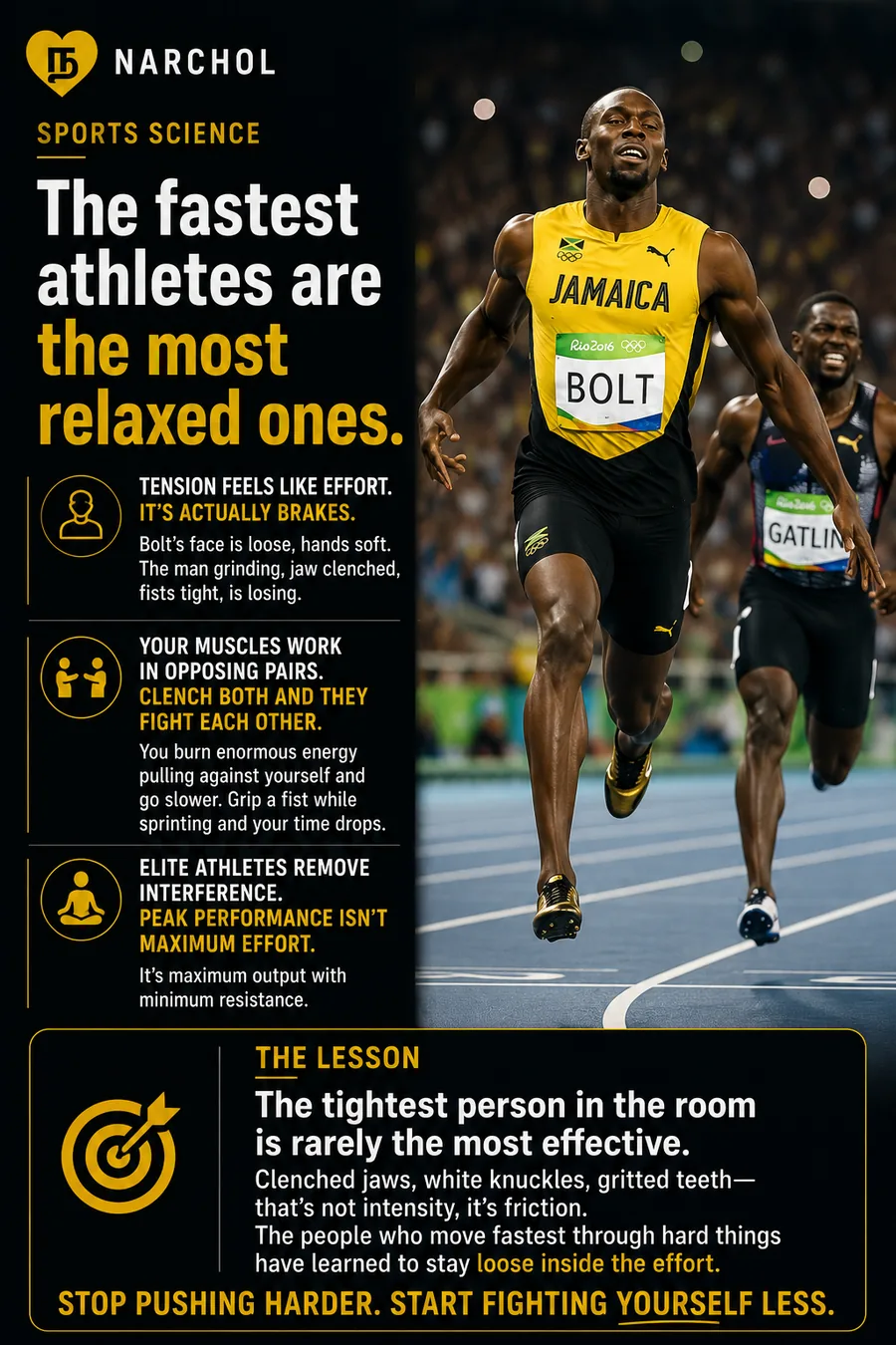 Usain Bolt running loose-faced and relaxed while the sprinter beside him strains with a clenched jaw