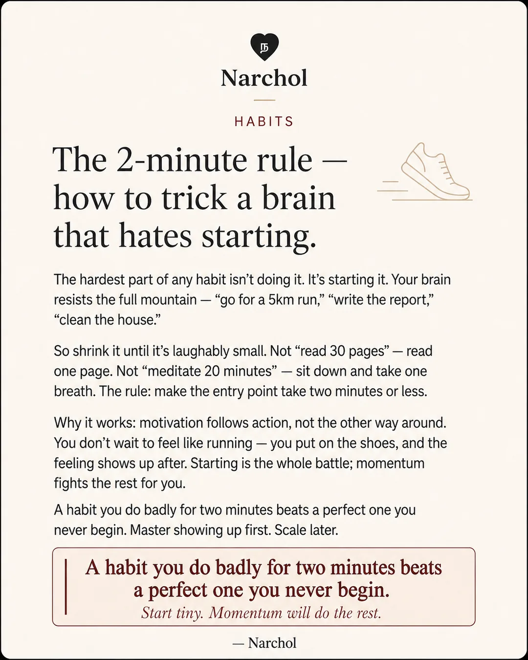 A line-drawn running shoe in motion on a cream card, above the two-minute rule set in serif type