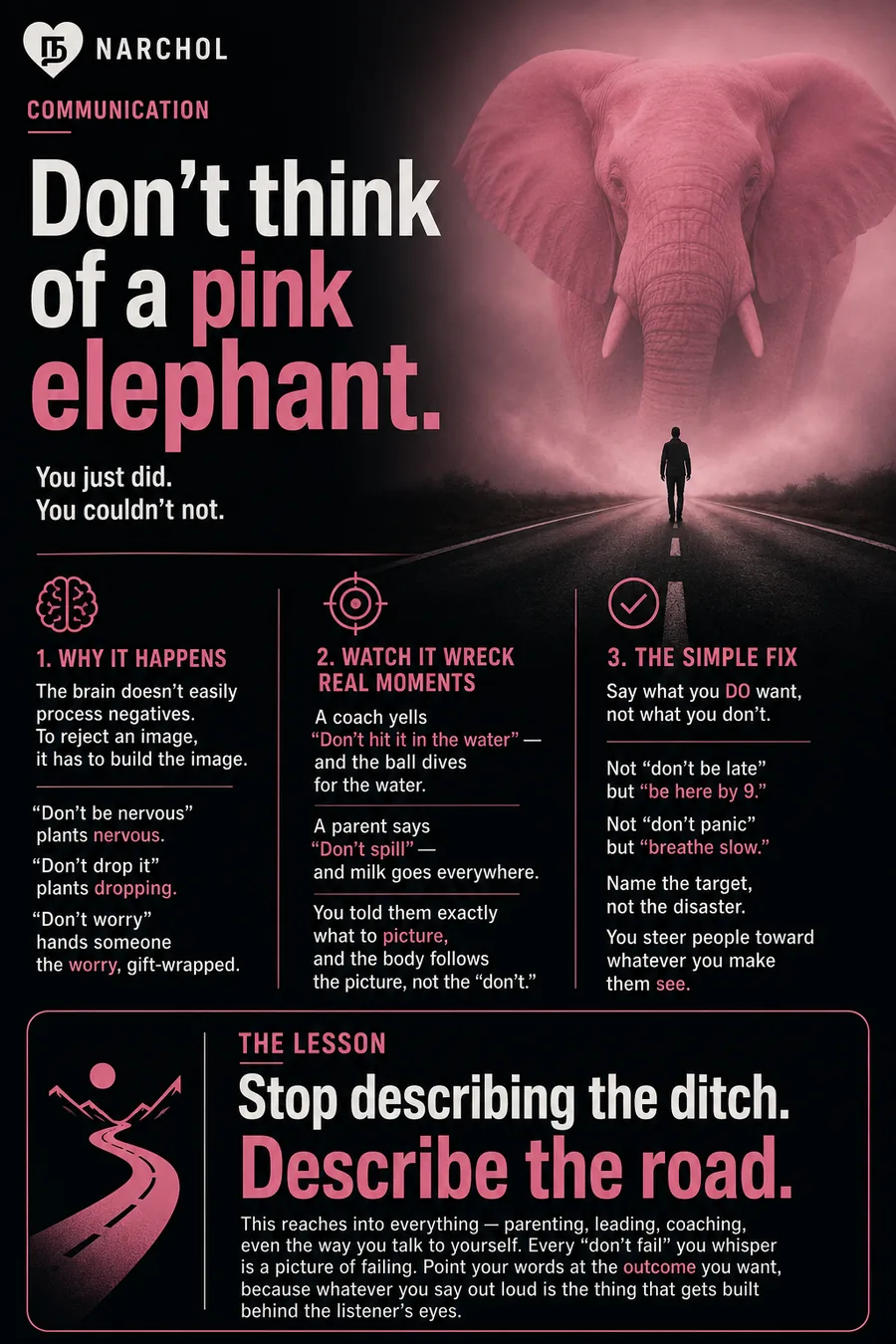 A vast pink elephant looming over a road, with a small figure walking toward it