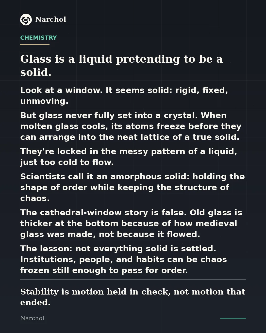 Title card on dark navy with a teal category rule, on the amorphous structure of glass