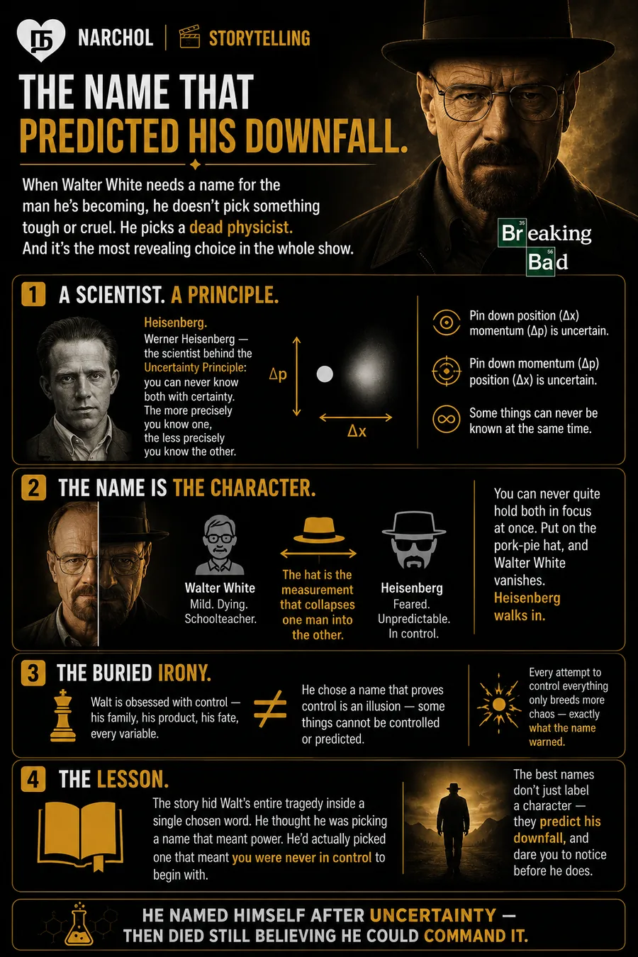 Walter White in the pork-pie hat beside Werner Heisenberg and an uncertainty-principle diagram