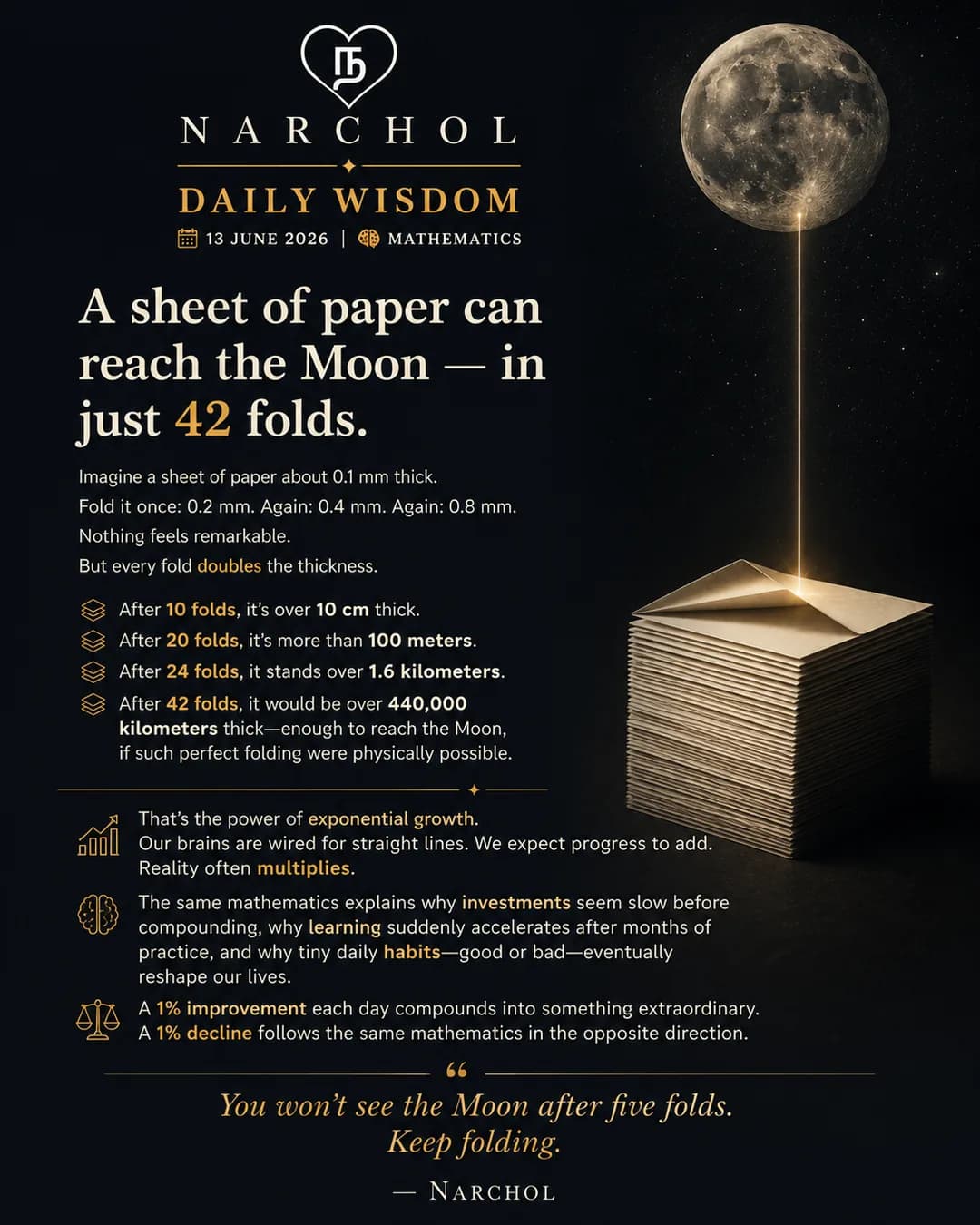 A stack of folded paper rising in a thin beam toward the moon against a night sky