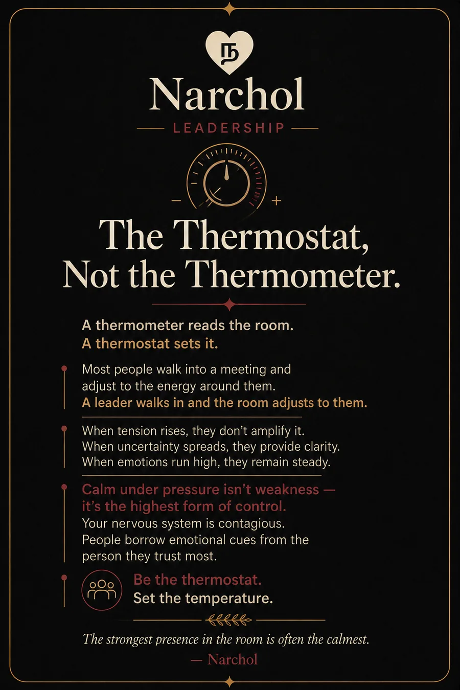 A gold thermostat dial on a black card framed in a thin gold border