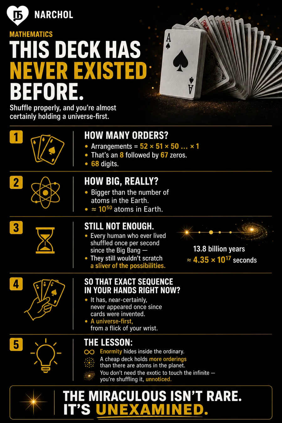 A fanned deck of cards with the ace of spades upright, against a dark background