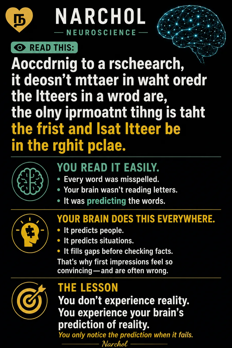 A glowing network-mapped brain beside a paragraph of scrambled but readable text