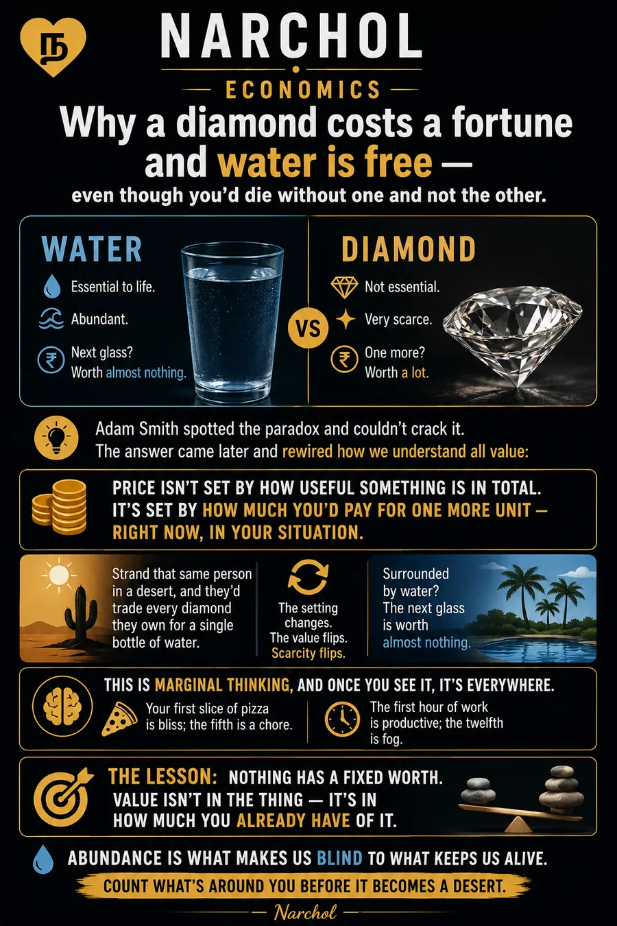 A glass of water beside a cut diamond, with a desert and an oasis below them