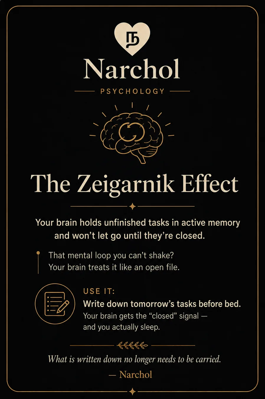 A gold line-drawn brain with a looping arrow, on a black card framed in thin gold