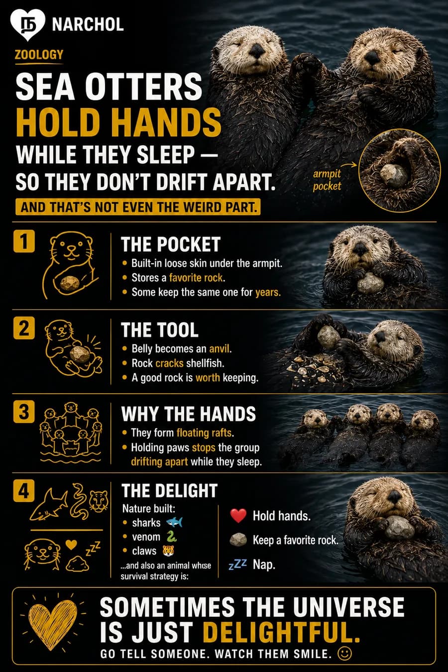 Two sea otters floating on their backs holding paws, with a detail of the armpit pocket holding a rock