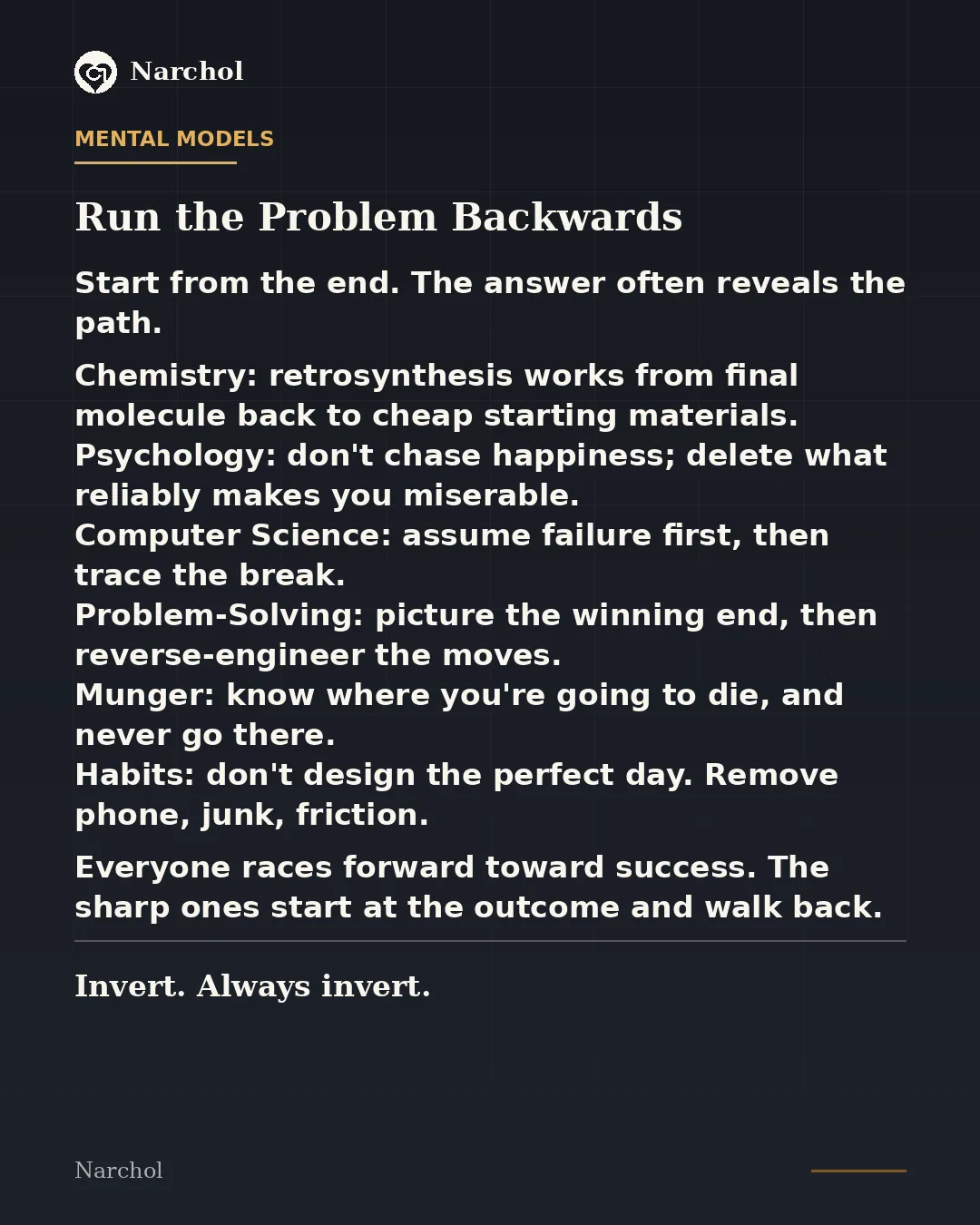 Title card on dark navy with a gold category rule, on inversion as a thinking tool