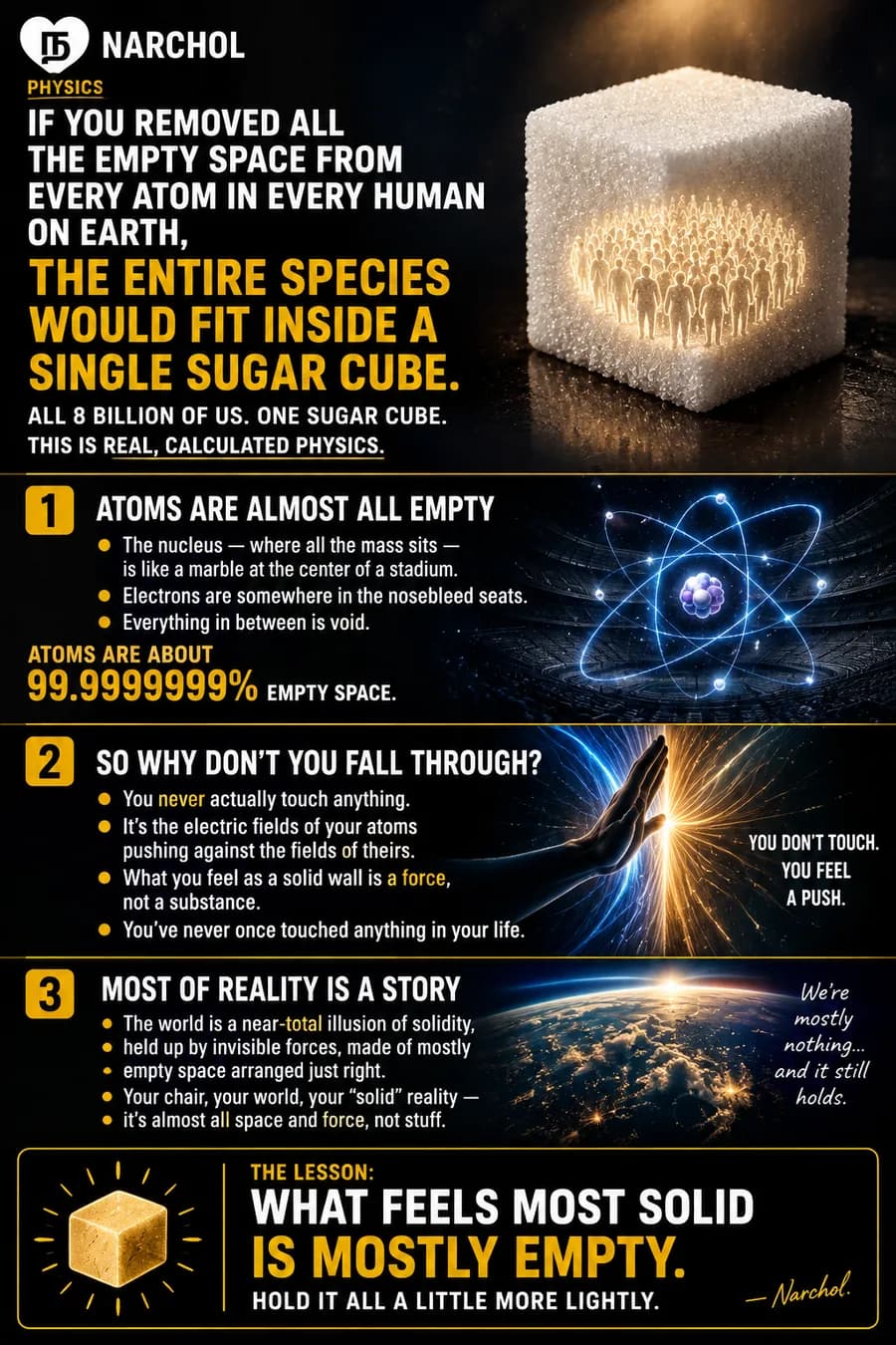 A sugar cube with a crowd of tiny glowing human figures visible inside it
