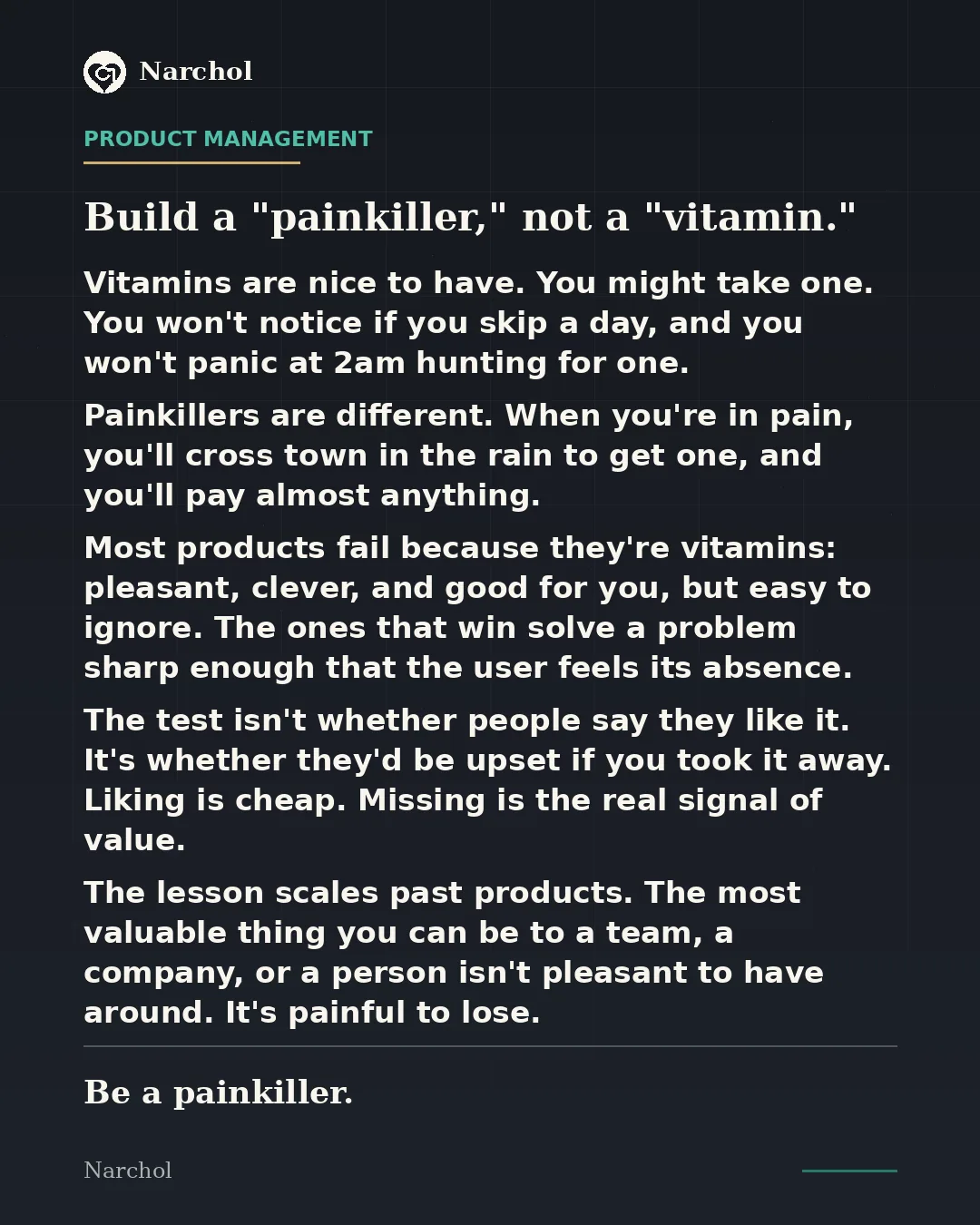 Title card on dark navy with a teal category rule, on painkillers versus vitamins as a product test