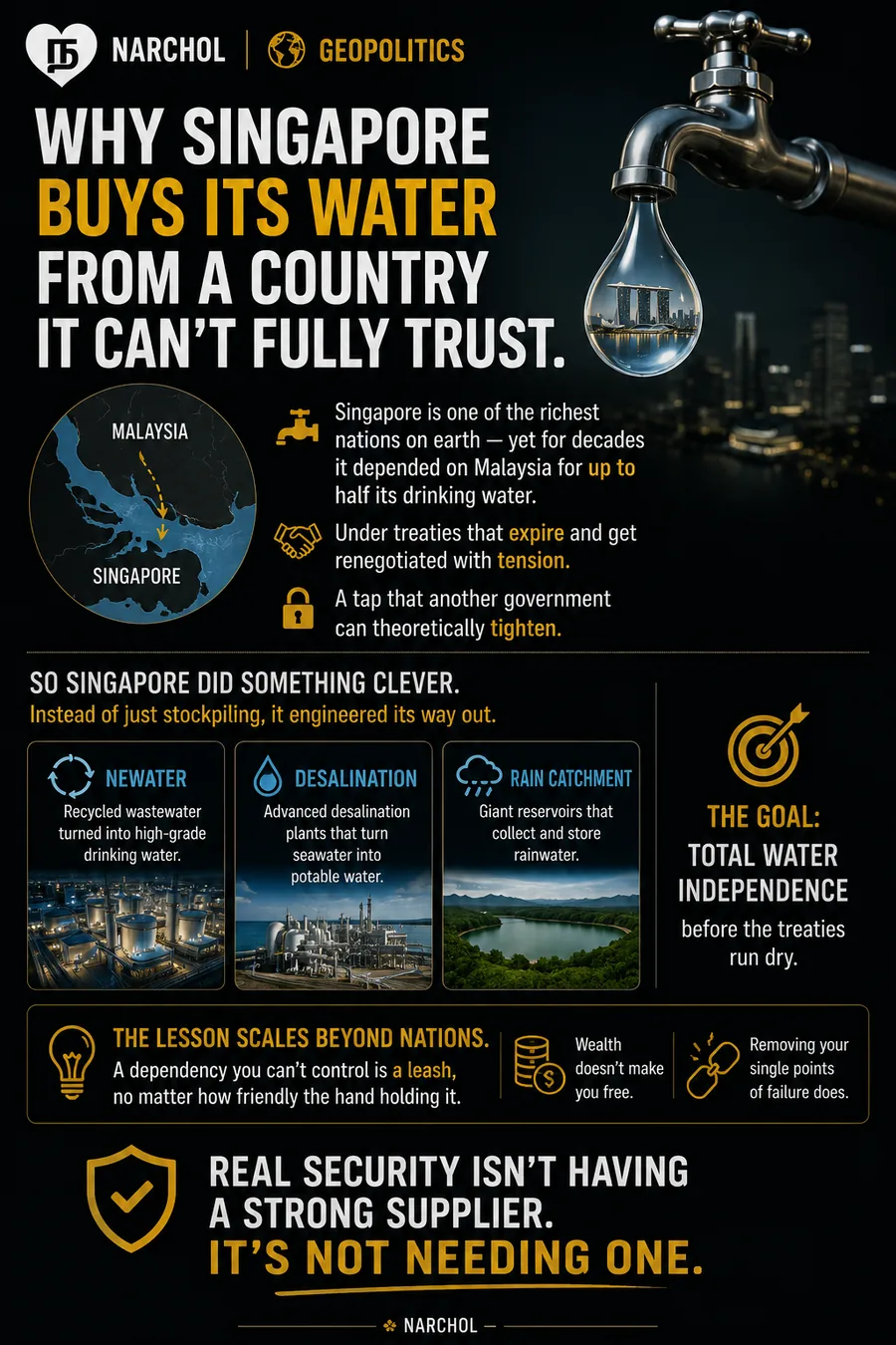 A tap with a droplet containing the Singapore skyline, beside a map of the Malaysia–Singapore strait