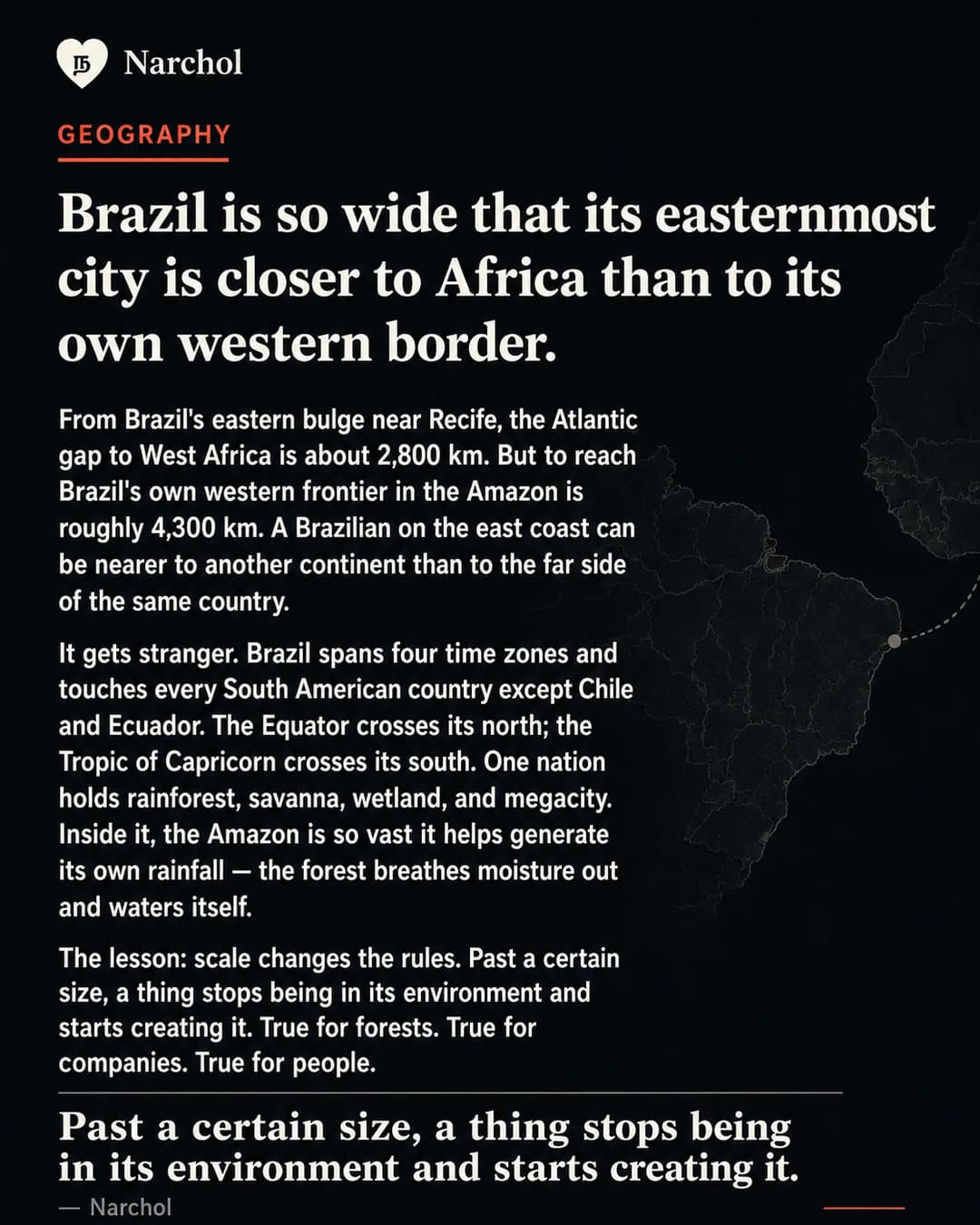 A dark outline map of South America with a dotted line running east from Brazil's bulge toward Africa