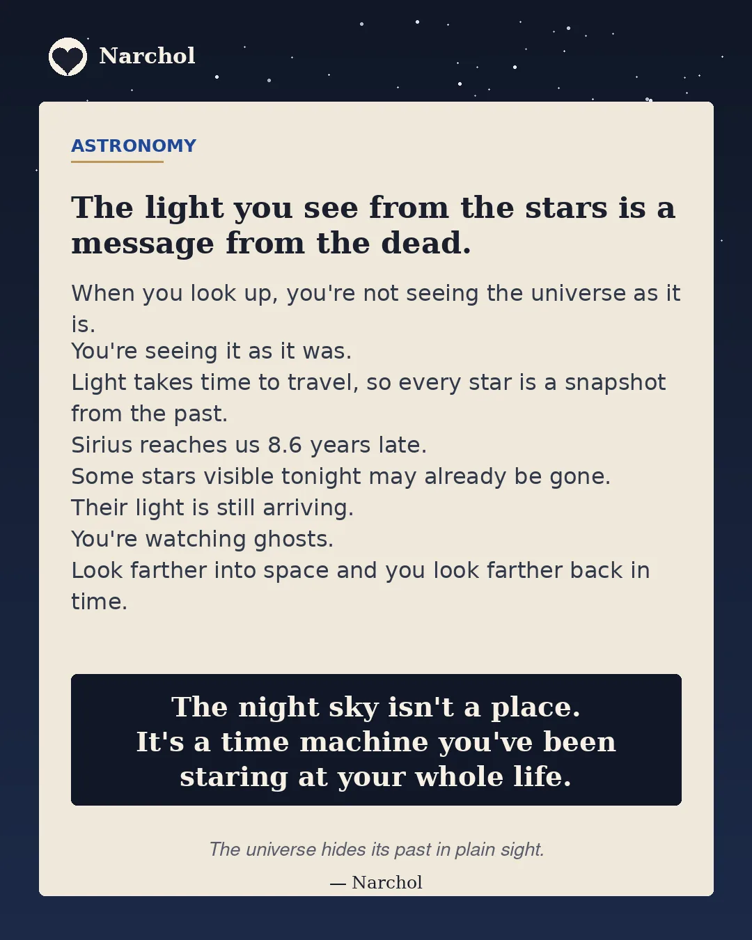 A cream panel on a starfield, with the closing line set in a dark inset box