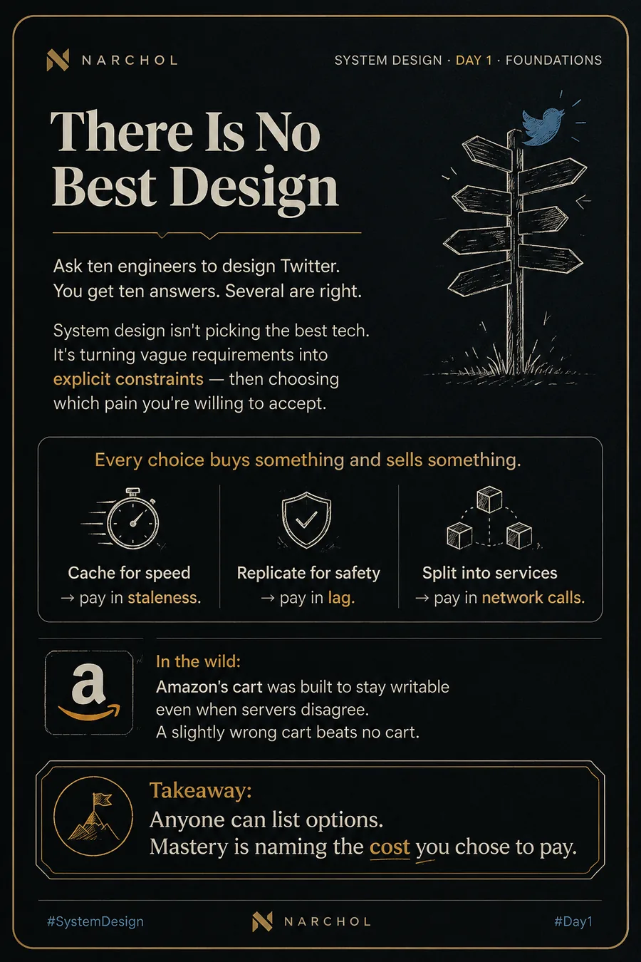 There Is No Best Design — system design card, day 1, foundations