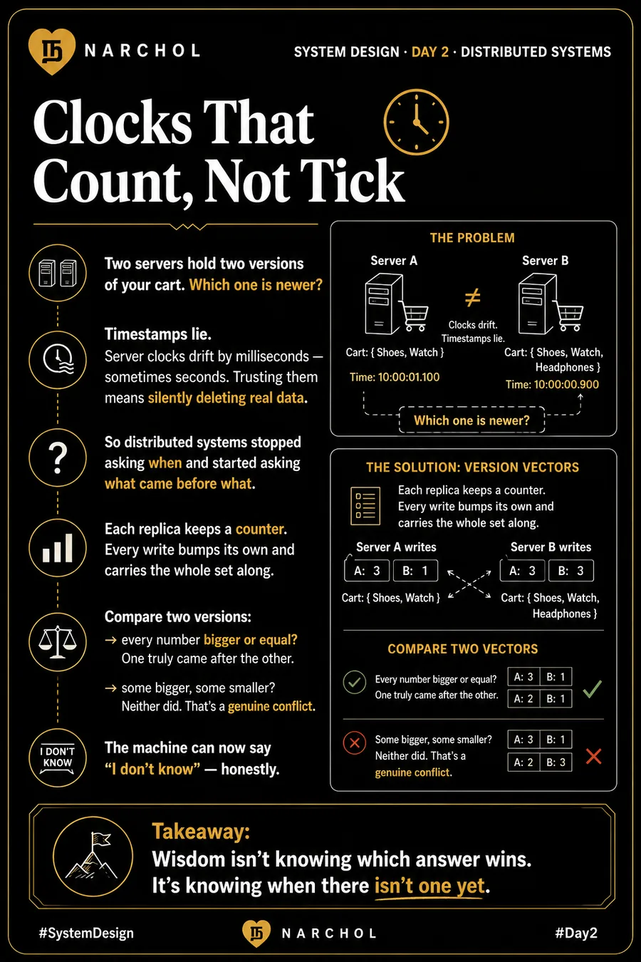 Clocks That Count, Not Tick — system design card, day 2, distributed systems