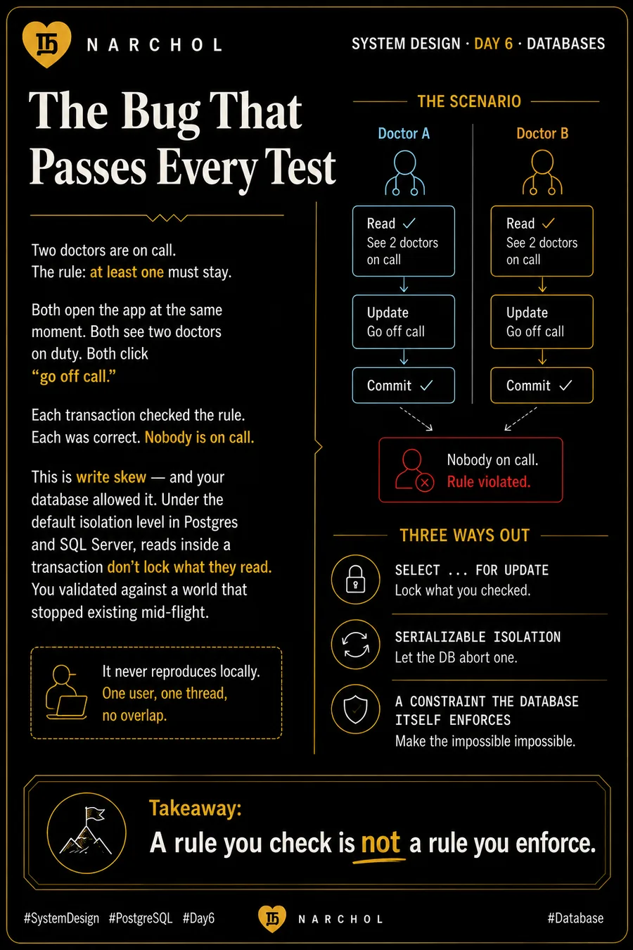 The Bug That Passes Every Test — system design card, day 6, databases