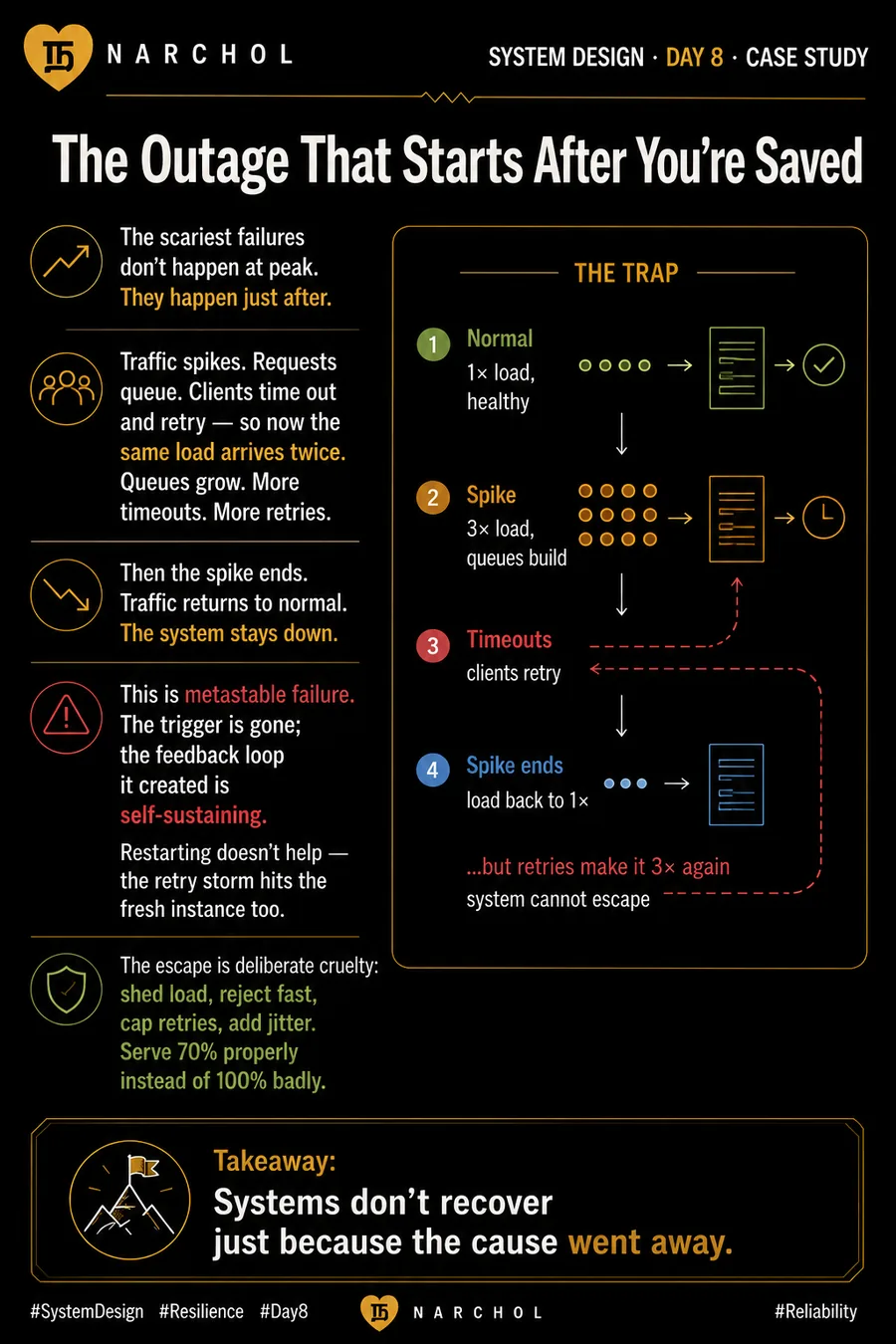 The Outage That Starts After You're Saved — system design card, day 8, case study