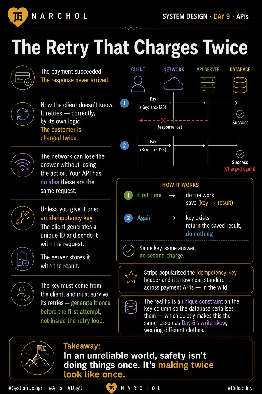 The Retry That Charges Twice — system design card, day 9, apis