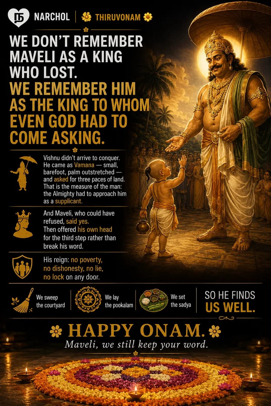 Vamana, small and barefoot, palm outstretched before Maveli, who stands crowned and open-handed under a golden umbrella, above a pookalam ringed with lamps