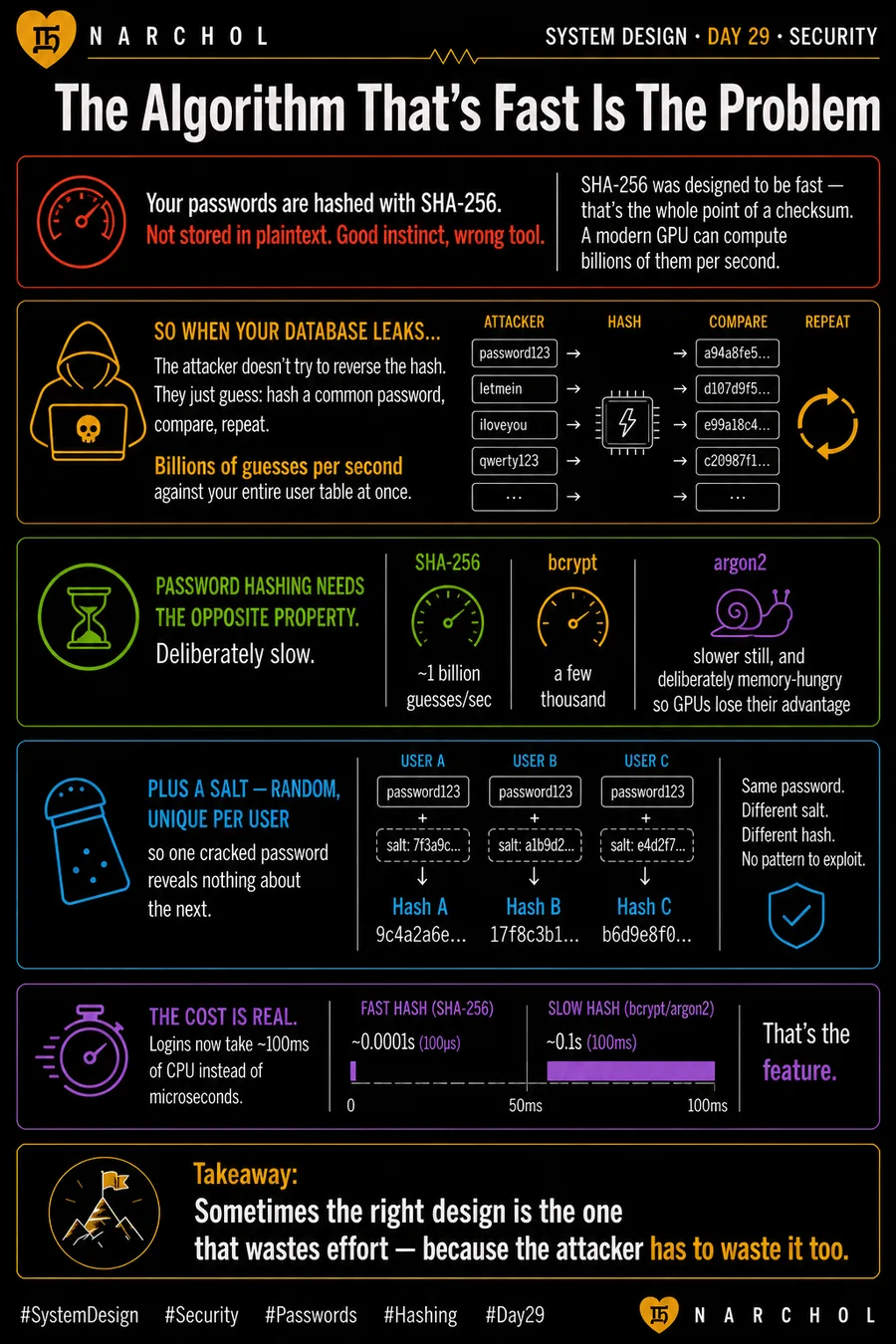 Password hashing compared — SHA-256 at a billion guesses a second against bcrypt and argon2, plus per-user salts that stop one cracked password revealing the next