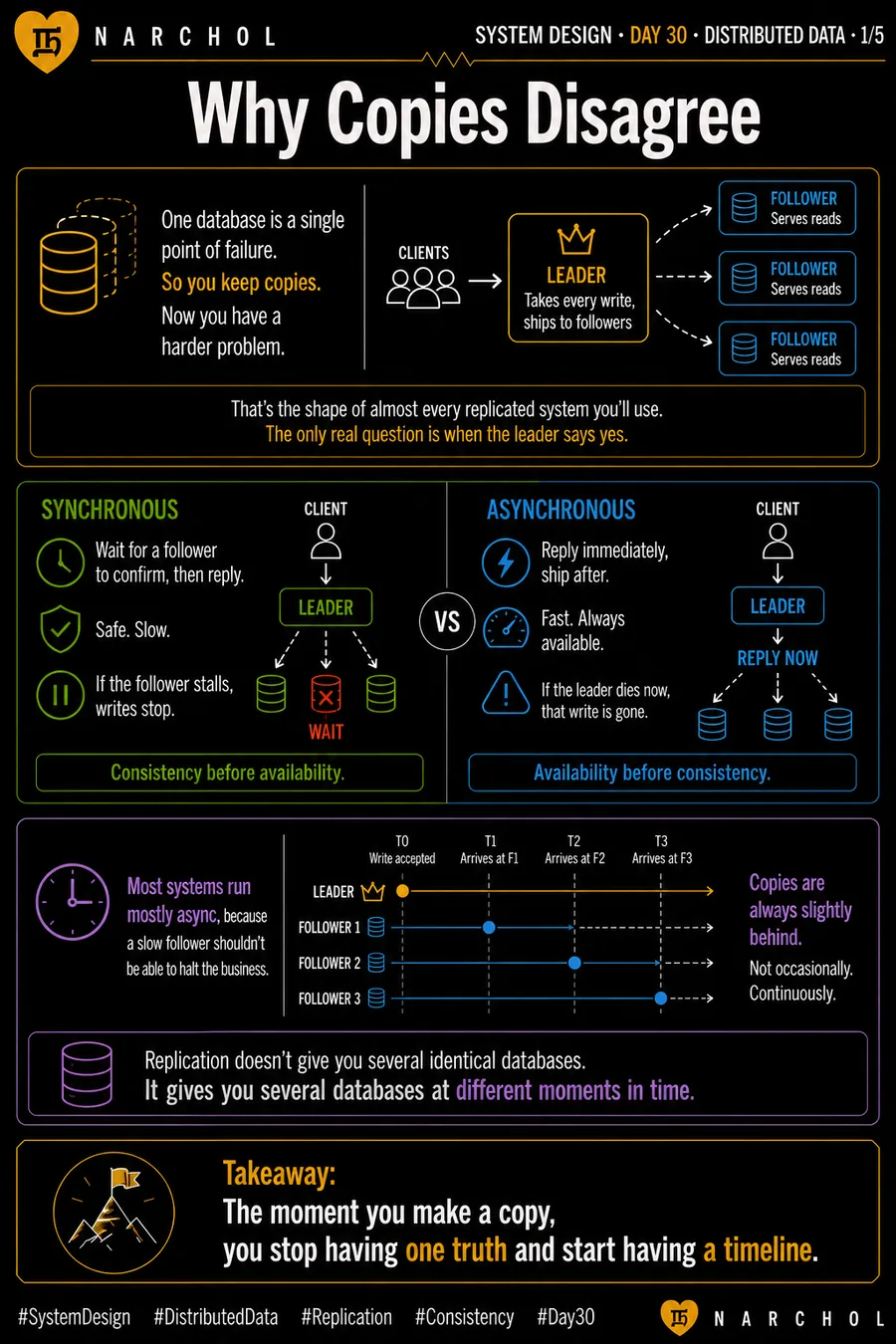 Leader and follower replication — synchronous waiting for confirmation against asynchronous replying immediately, and a timeline showing followers landing the same write at different moments