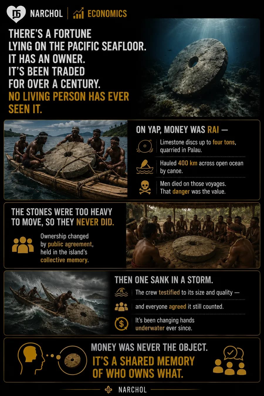 The rai stone money of Yap — four-ton limestone discs quarried in Palau, hauled by canoe, and one lost at sea that still counts as wealth by public agreement
