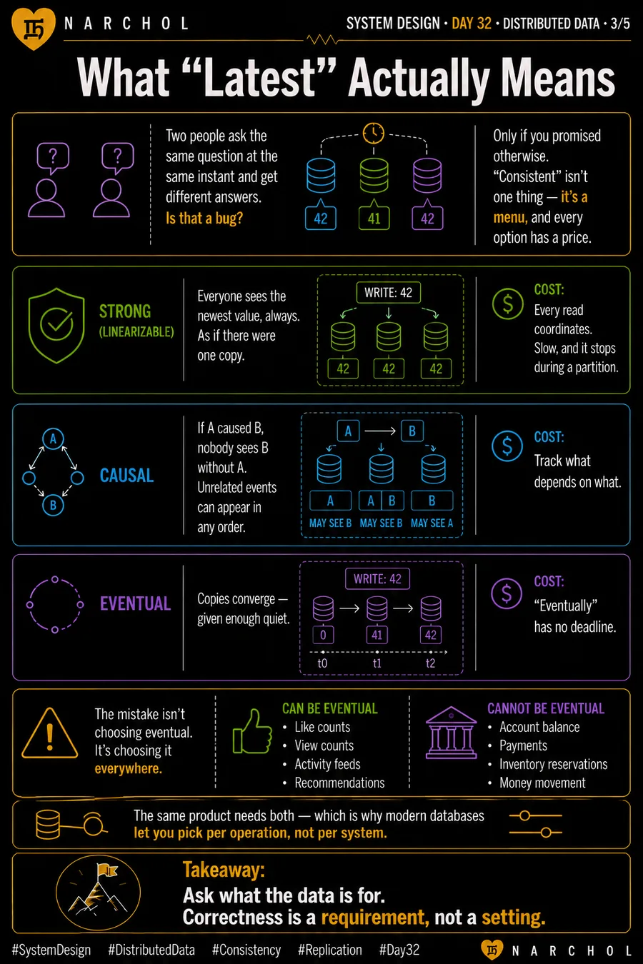 The consistency menu — strong, causal and eventual models compared with the cost of each, and a list of what can safely be eventual against what cannot