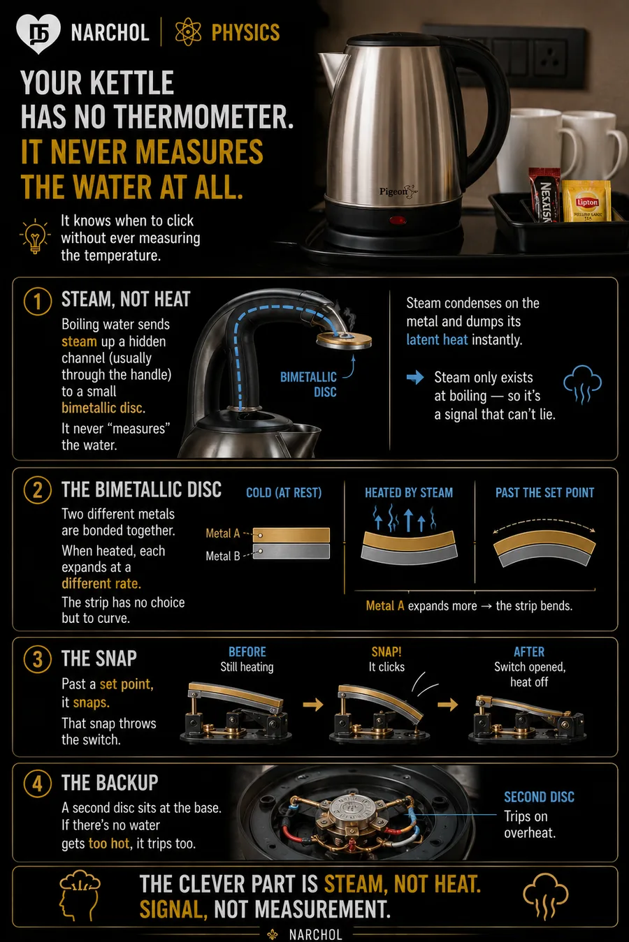 How an electric kettle switches itself off — steam rising through the handle to a bimetallic disc that bends and snaps the switch, with a second disc at the base as the dry-boil backup