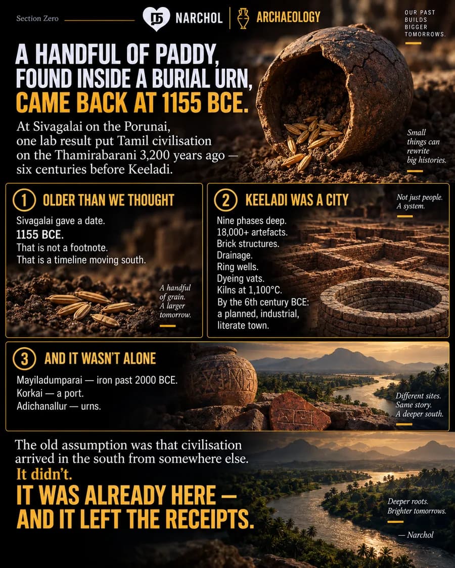 Paddy from a burial urn at Sivagalai dated to 1155 BCE, Keeladi as a nine-phase planned industrial town, and the other Tamil sites carrying the same story