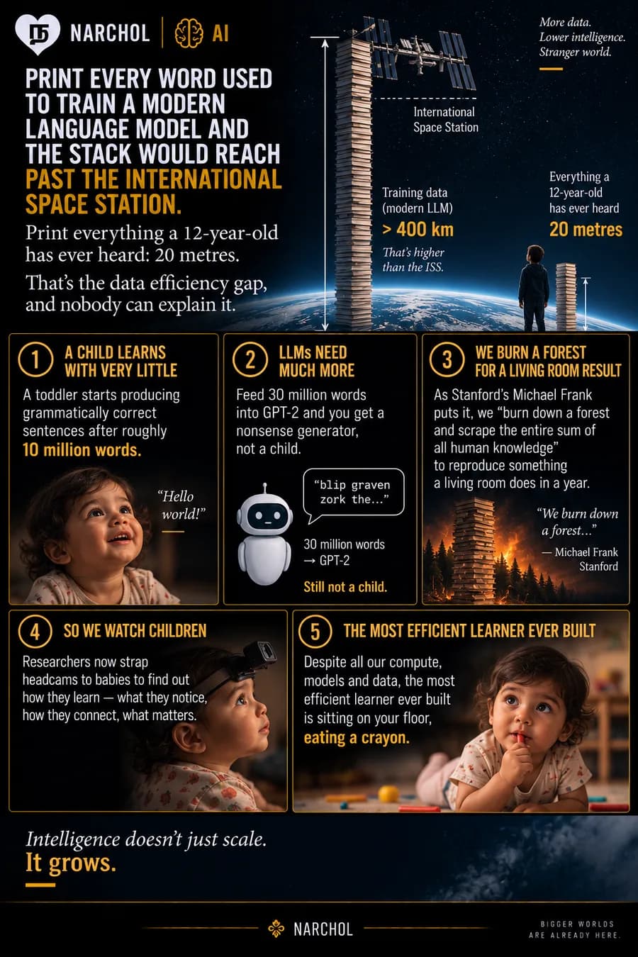 A language model's training data printed to a stack taller than the International Space Station against the twenty metres a twelve-year-old has heard, and the unexplained data efficiency gap between them