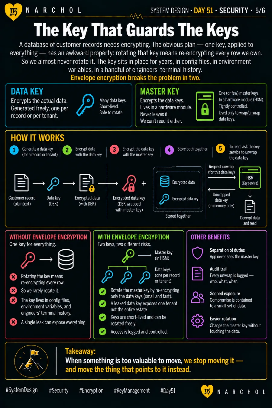 Envelope encryption splitting one key into many short-lived data keys wrapped by a master key inside a hardware module, with every unwrap logged and rotation touching the small keys rather than every row