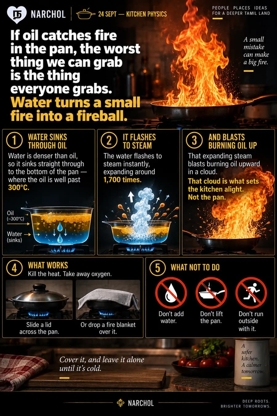 Water sinking through burning oil to the bottom of a pan past 300°C, flashing to steam and expanding around 1,700 times to blast burning oil upward, against a lid or fire blanket as the actual fix