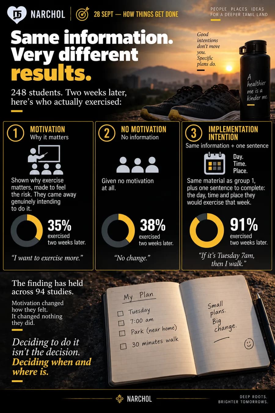 Three groups of students two weeks after an exercise study, where motivation produced 35%, nothing produced 38%, and one sentence naming the day, time and place produced 91%