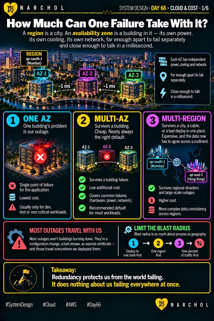 A region drawn as a city and availability zones as separate buildings a millisecond apart, comparing single-AZ, multi-AZ and multi-region deployments, and the configuration changes that travel to all of them at once