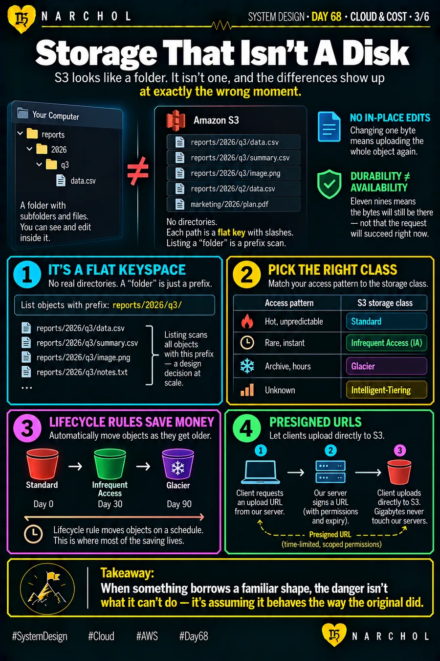 A folder tree beside a flat S3 keyspace where every path is one key with slashes, with storage classes matched to access patterns, lifecycle rules moving objects to colder tiers, and presigned uploads going straight to the bucket