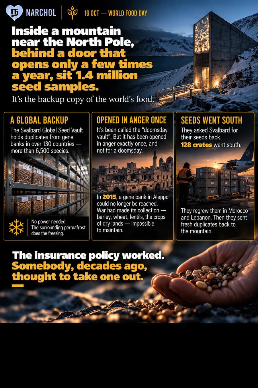 The Svalbard Global Seed Vault inside a mountain near the North Pole holding 1.4 million seed samples from over 130 countries, frozen by the surrounding permafrost, and the 128 crates sent south in 2015 when Aleppo's gene bank could no longer be reached