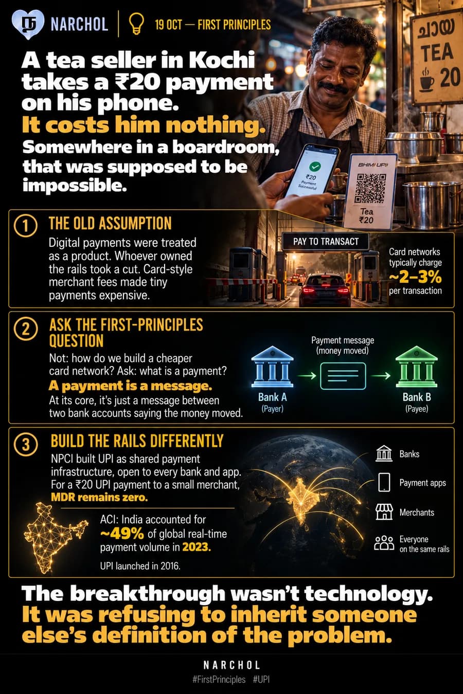 A tea seller in Kochi taking a twenty-rupee payment at zero cost, set against card networks charging two to three percent, with UPI built as shared rails open to every bank and app