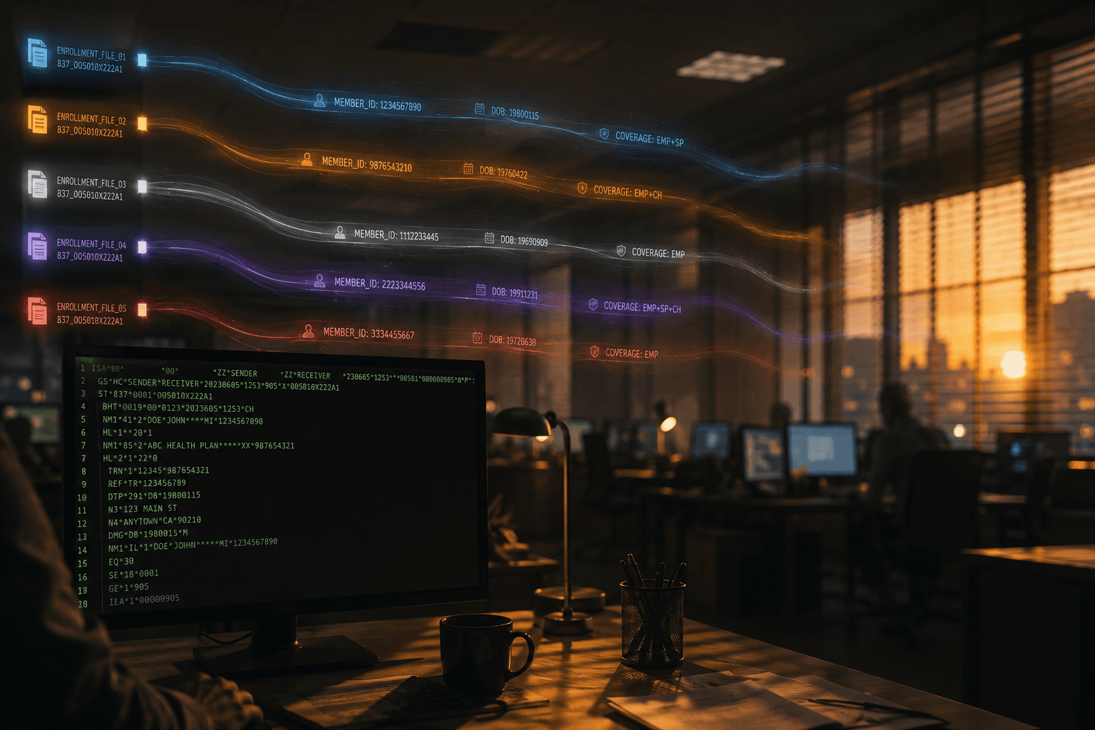 A dimly lit operations floor with a terminal displaying structured healthcare data, five translucent data streams in different colors flowing past each other without converging