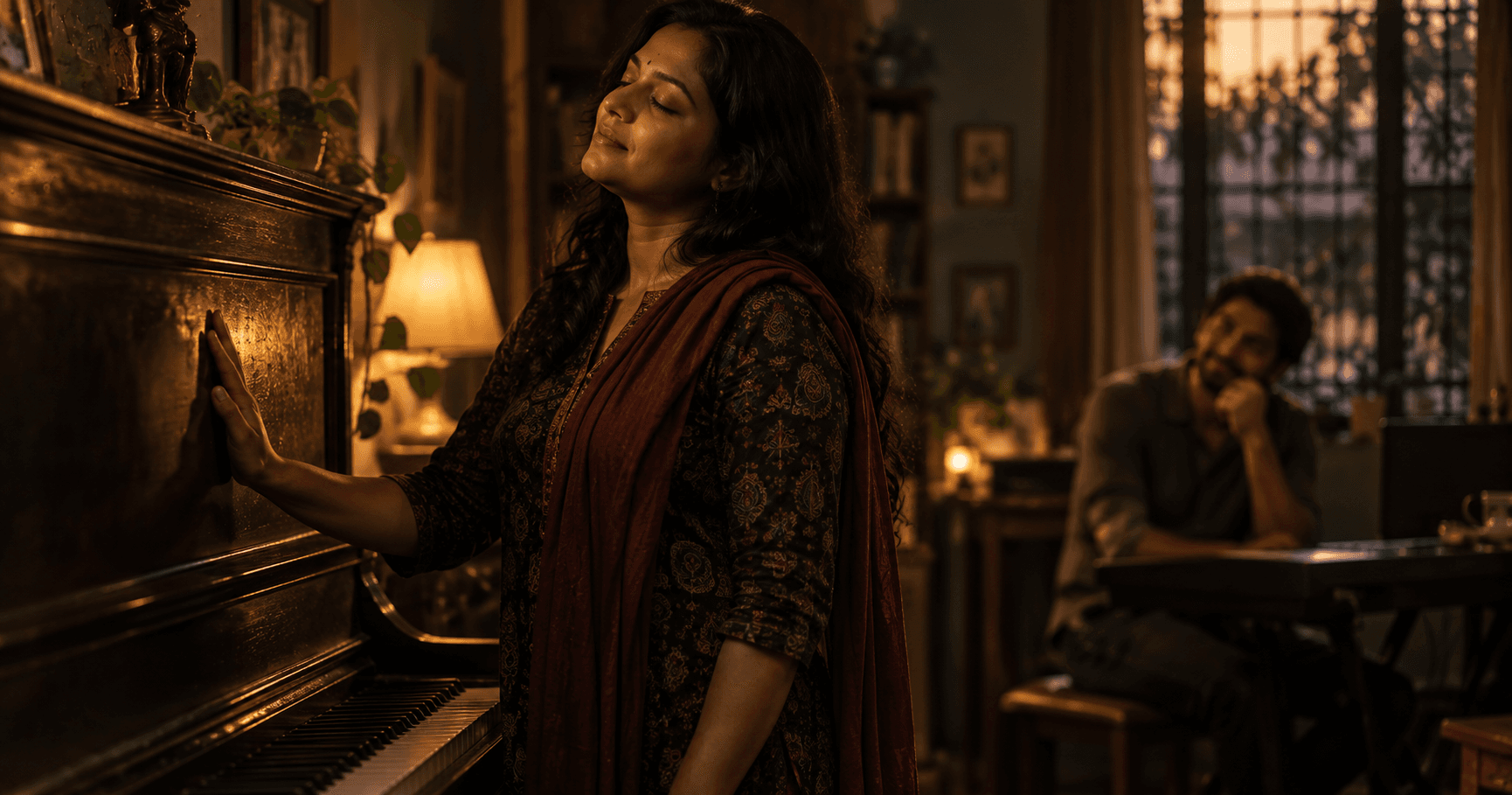 A woman standing at an old upright piano with her palm flat against its wooden body and her eyes closed, feeling the music through the wood, while across the lamplit room a man sits with his chin on his hand, watching her rather than playing