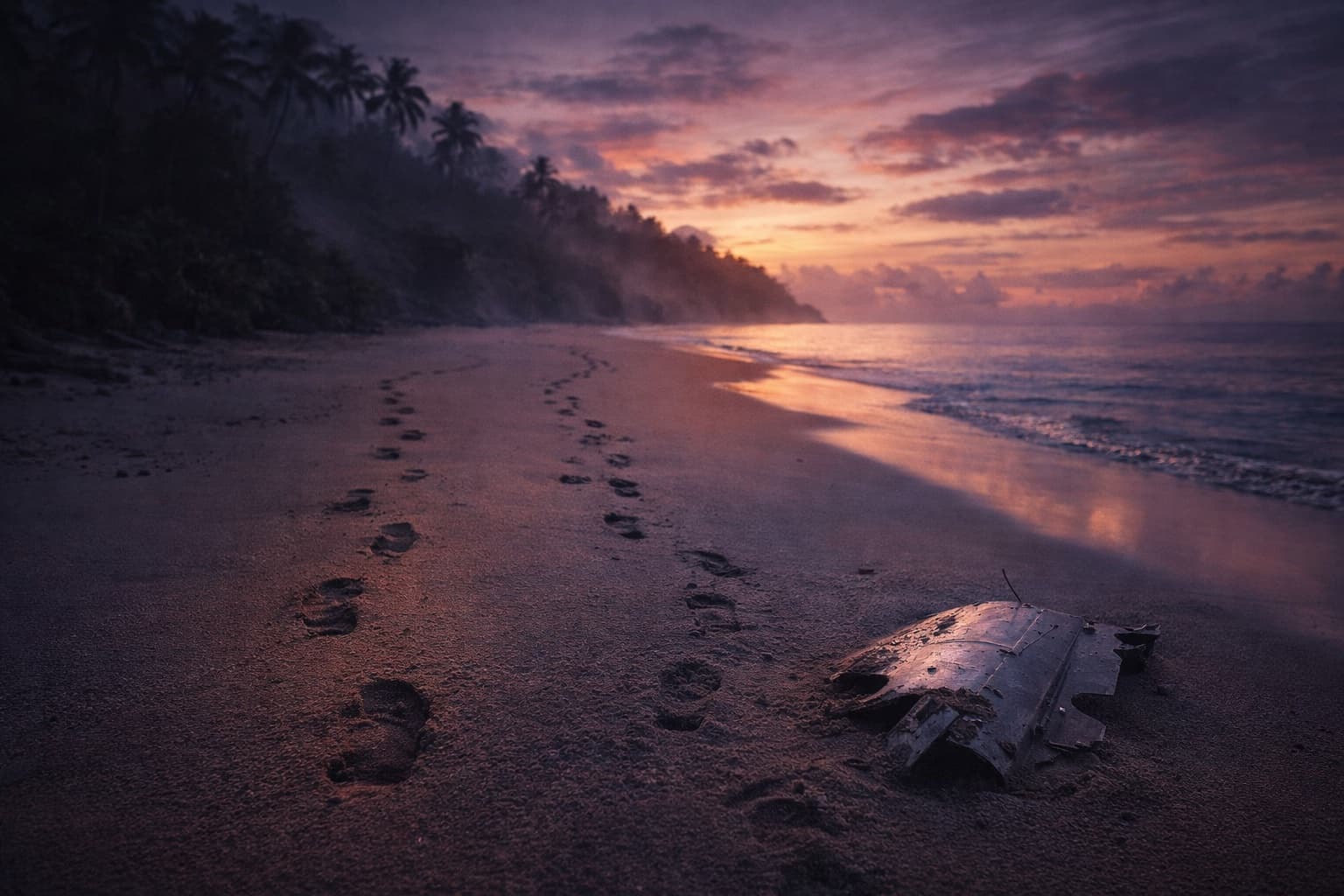 A beach at dusk, two sets of footprints diverging into the trees