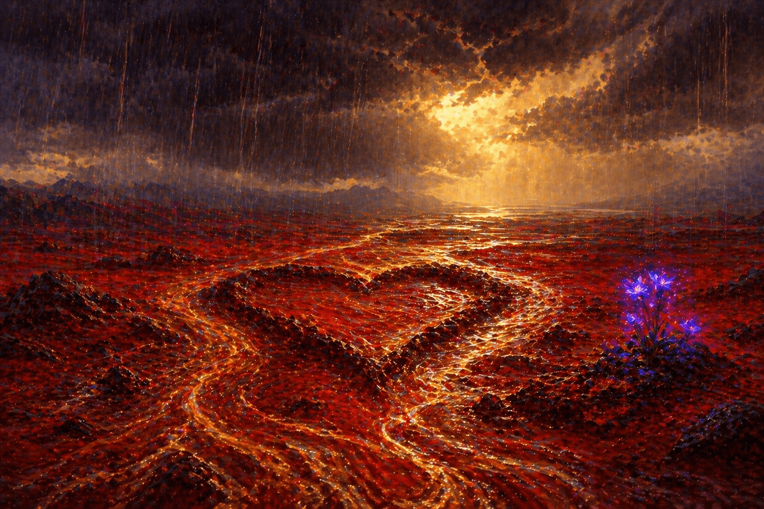 Red laterite earth under monsoon rain — where water and soil merge beyond parting