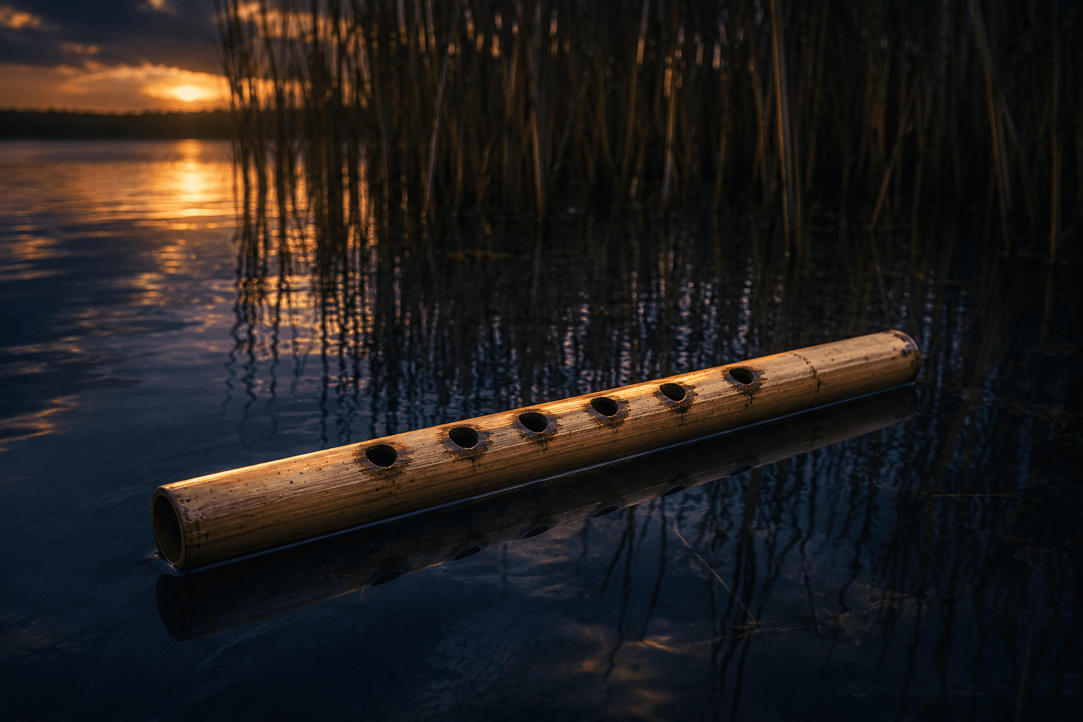 A single reed flute lying across dark water at dusk, the holes burned into it catching the last light