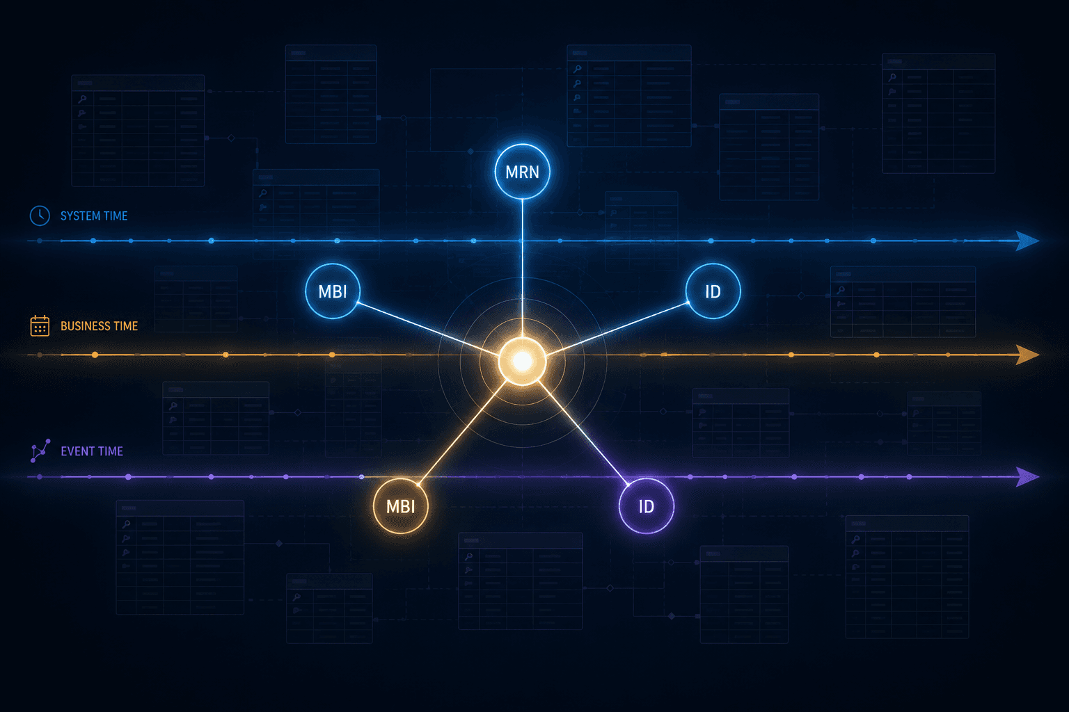 A luminous spoke-pattern identity graph with a single central node radiating outward to five identifier nodes, three horizontal timeline arrows in blue amber and violet flowing behind it, faint database table outlines in the background like architectural blueprints