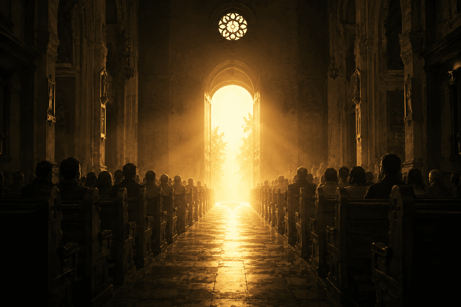 A church bathed in warm light — the door is open, the room is full