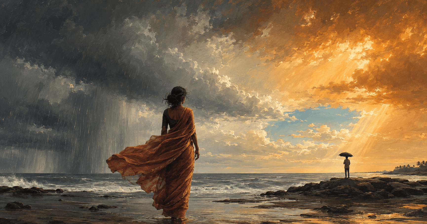 A woman's silhouette at a rain-streaked window — watching, waiting, already knowing