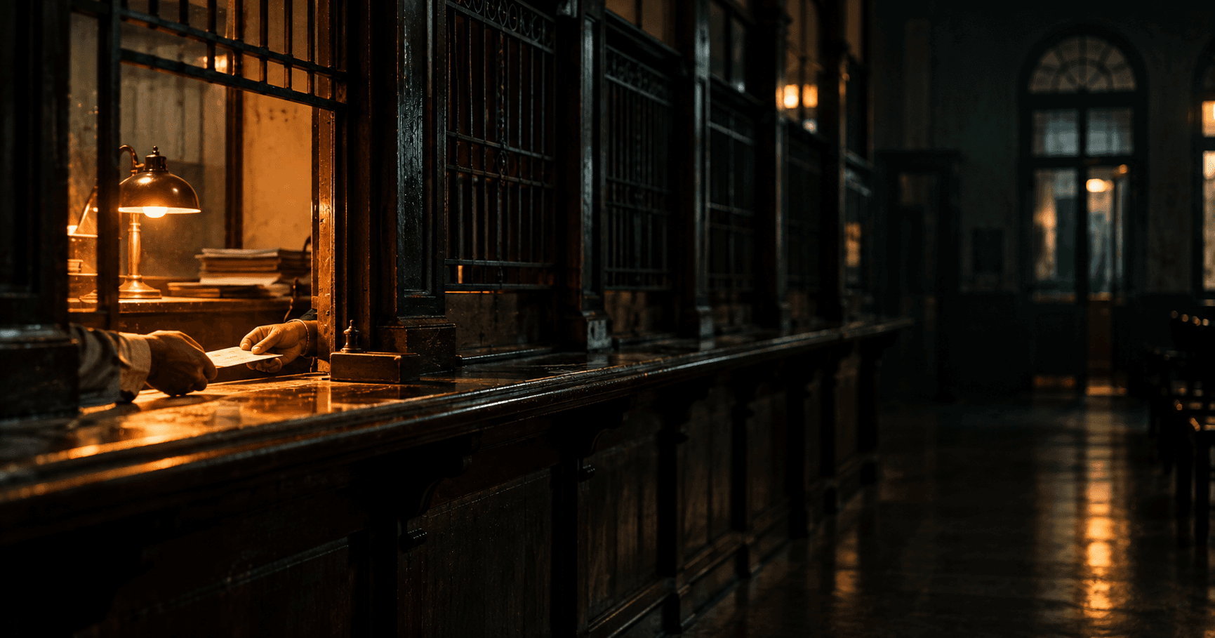 A bank hall at closing time, every service window shuttered but one, where a pair of hands is still pushing a slip across the counter