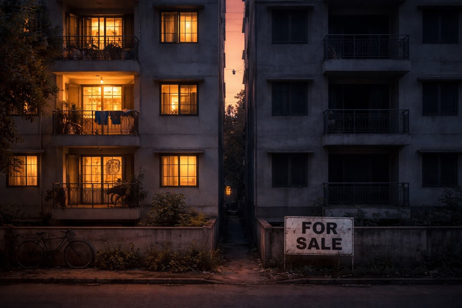 Two houses at dusk — one with lit windows, one empty and dark