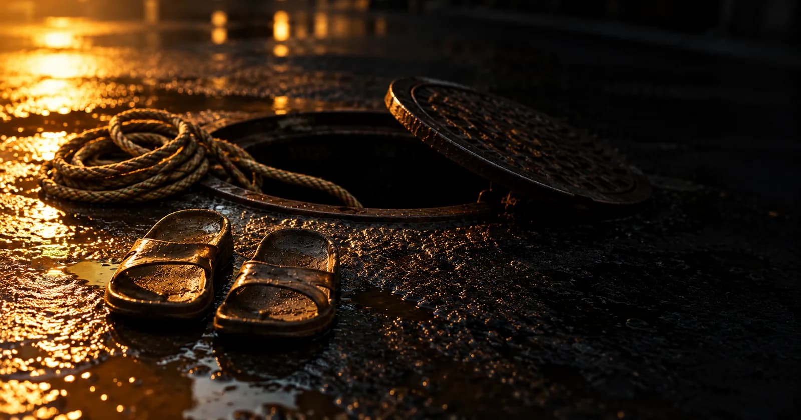 An open manhole on a wet street at first light, a coiled rope running into the dark of it, and a pair of worn slippers left at the edge